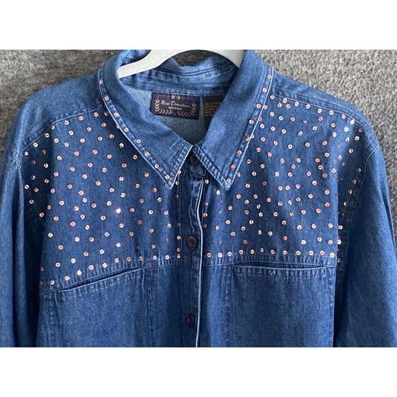 VTG New Direction Woman Denim Shirt Jacket LS Copper Sequin Double Breast 3X - Picture 3 of 10